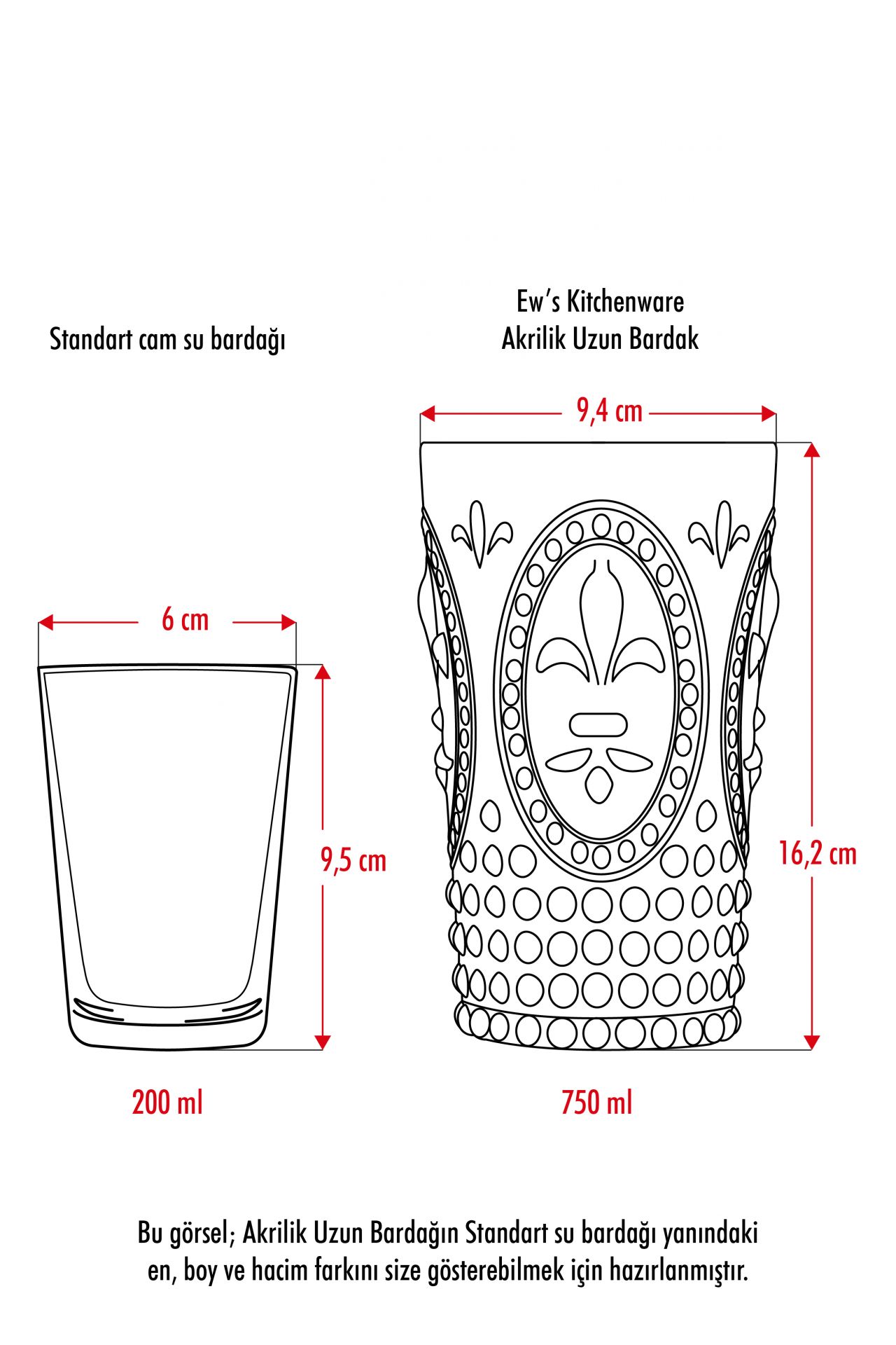 EW’s Kitchenware Akrilik Şeffaf 6’lı Uzun Meşrubat Bardağı 750 ml