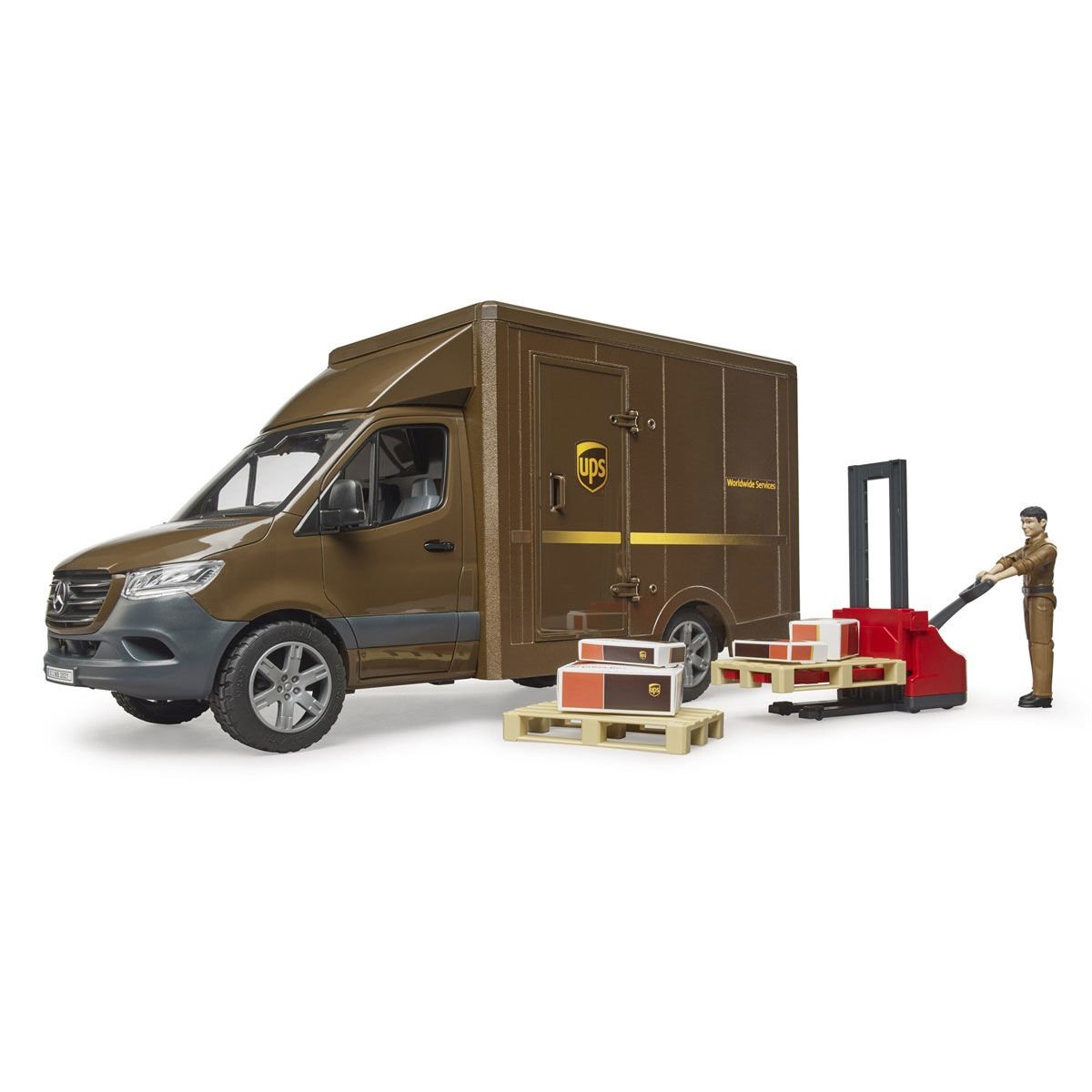 BR02678 Mercedes Benz Sprinter UPS Kargo Aracı + Transpalet ve Figür +4 yaş