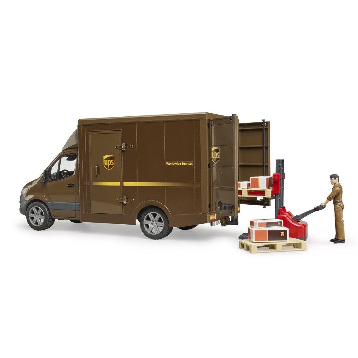 BR02678 Mercedes Benz Sprinter UPS Kargo Aracı + Transpalet ve Figür +4 yaş