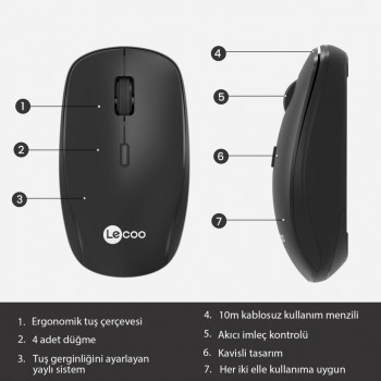 LENOVO LECOO WS203 KABLOSUZ 2400DPI 4 TUSLU OPTİK MOUSE SİYAH