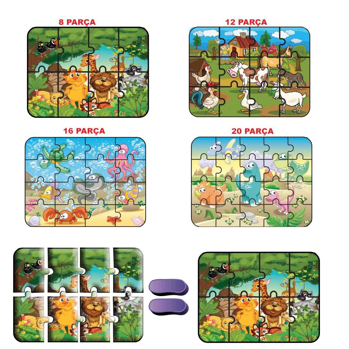 1481 DıyToy Süper Renkli 4’lü Puzzle - Hayvanlar / 8+12+16+24 Parça Puzzle