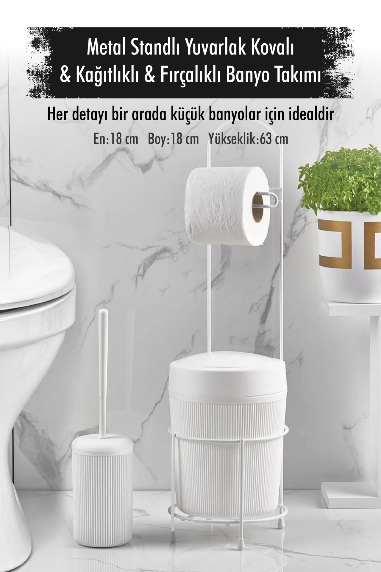 Metal Standlı Yuvarlak Kovalı  Kağıtlıklı  Fırçalıklı Beyaz Banyo Takımı