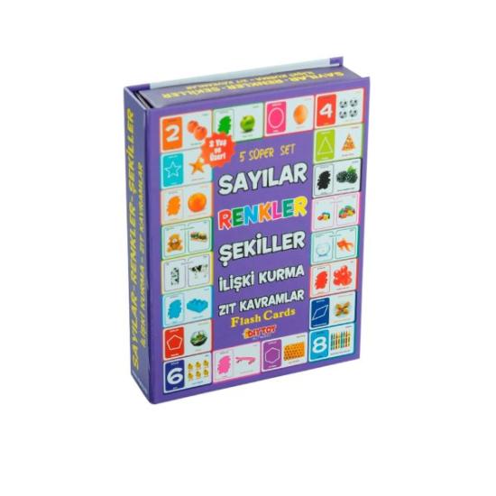 1413 DıyToy, Flash Cards - 5 Süper Set - Sayılar+Renkler+Şekiller+İlişki Kurma+Zıt Kavramlar / +2 yaş