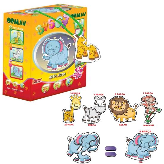 8766 DıyToy Süper Renkli 5’i1 Kutuda Puzzle - Orman / 3+4+5+6+7 Parça Puzzle